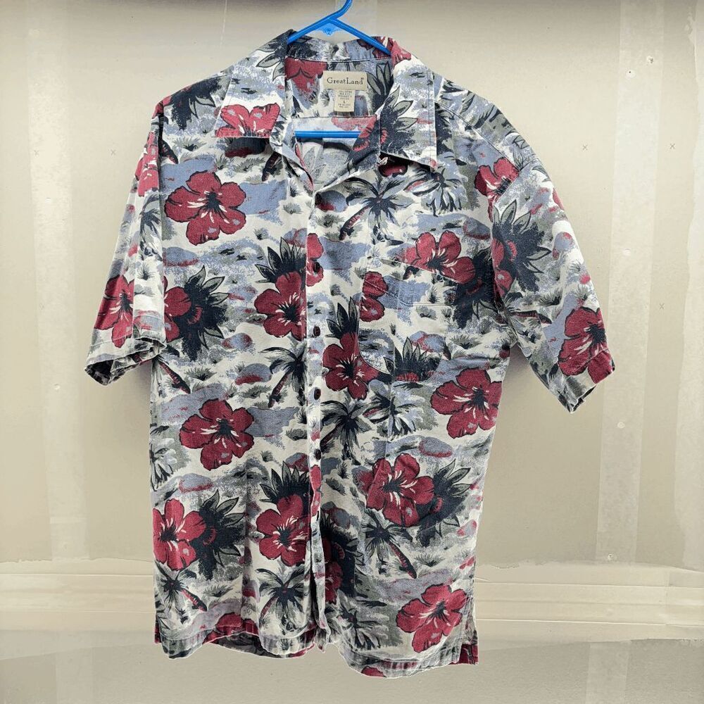 Great Land Island Casual Shirt Mens Size‎ L Multicolor Hawaiian Aloha Tropical